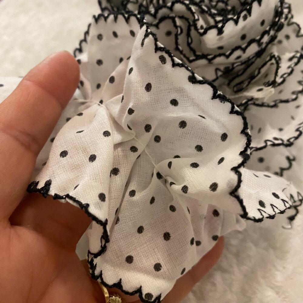 60” VTG Cotton Ruffle Trim Black Polka Dot Scalloped Edge Scrunchie Ribbon Lace